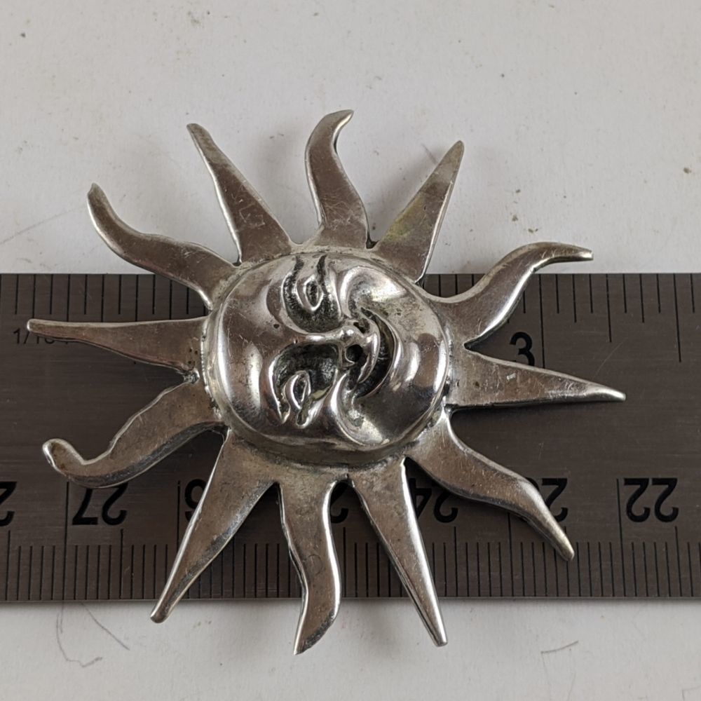 925 Sterling Silver Smiling Sun Mexico Brooch - Picture 10 of 11